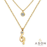 ASON Jewelry Gold Color Double Chain Necklaces Collars Jewelry Stainless Steel Round Cubic Zirconia Daily Pendants Chokers