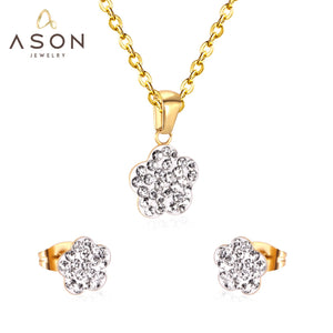 Asonjewelry CZ Flower Gold Color Wedding Jewelry Set for Women 316L Stainless Steel Necklace Pendants Small Stud Earring