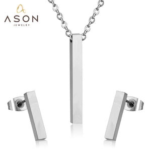 ASON Silver Color Jewelry Set Stainless Steel Vertical Bar Pendant Necklace for Women/Men Anniversary Gift Fashion Earrings