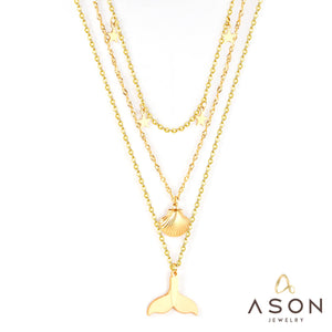 ASON 316L Stainless Steel Shell Fish Tail Pendant Multi Layer Necklace Star Choker for Women Party Gift Fashion Jewelry