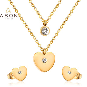 ASON 316L Acero inoxidable corazón amor oro nupcial boda conjunto de joyería para mujer collar colgante pequeño pendiente 