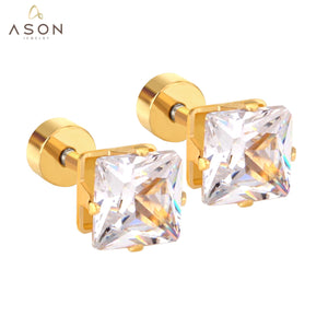 ASON 6mm Stainless Steel Square AAA Cubic Zirconia Jewelry Gold Color Piercing Stud Earrings Set for Women Fashion Jewelry