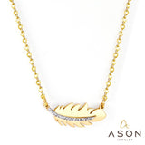 ASON Gold Color Feather Pendant Necklace with Rhinestone Stainless Steel Chain for Women Jewelry Gift Accessory Chokers