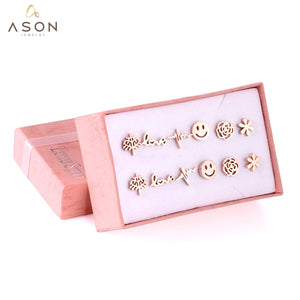 ASON Small Earrings Trendy Jewelry Rose Gold Color Flower Tree Smile Letter 6pairs/Box Stainless Steel Earrings Sets Party