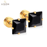 ASON 3-7mm Square Cubic Zirconia Screw Piercing Stud Earring Set Gold Color for Women Girl Men Ear Stainless Steel Jewelry