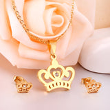 ASON Crown Pendant Necklace Charm Small Piercing Stud Earrings Jewelry Sets Gold Color Stainless Steel For Women