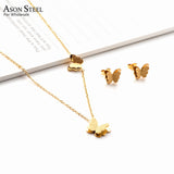 ASON Stylish Frosted Butterfly Pendant Necklace and Stud Earrings Set Stainless Steel Jewelry Set for Women Daily Wear