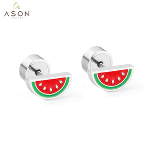 ASON Sweet Watermelon Children's Small Stud Earrings Silver Color Stainless Steel Cartoon for Girl Women Jewelry Piercing