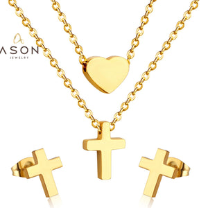 ASON Jewelry Sets for Party Stainless Steel Double Chains Necklace Gold Color Cross Piercing Stud Earring Fashion Jewelry