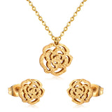 ASON Romantic Flower Shape Pendants Chain Necklace Piercing Stud Earrings Jewelry Sets Stainless Steel Gold Color For Women