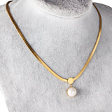 ASON Gold Color Flat Snake Chain Round Imitation Pearl Pendant Necklace Stainless Steel Choker for Women Fashion Jewelry