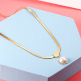 ASON Gold Color Flat Snake Chain Round Imitation Pearl Pendant Necklace Stainless Steel Choker for Women Fashion Jewelry