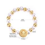 ASON Pulseras Ball Beaded Bracelets With Imitation Pearl Gold Color Stainless Steel Round Jesu Pendants Women Bangle