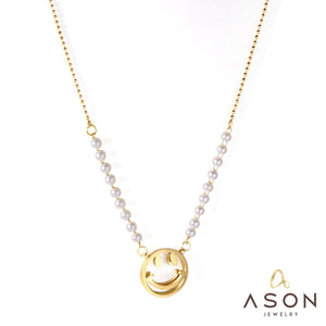 ASON-Colgante con forma de cara sonriente para mujer, collar de perlas de imitación, cadena de cuentas de acero inoxidable, 40 + 7cm, joyería de moda, Color dorado 