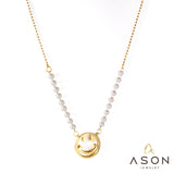 ASON Gold Color Smile Face Pendant Imitation Pearl Necklace Stainless Steel Bead Chain 40+7cm for Women Fashion Jewelry