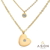 ASON Heart Shape Pendant Necklaces Gold Color Stainless Steel Multi-layer Chains Round Cubic Zirconia Choker For Women