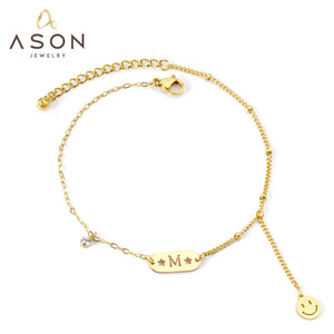 ASON Gold Color Letter M and Smile Face Charm Anklet Stainless Steel Foot Chain for Women Fashion Jewelry Party Gift