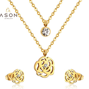 ASON mariée creux fleur pendentif collier petites boucles d'oreilles ensemble de bijoux couleur or pour les femmes en acier inoxydable pour les femmes 