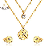 ASON Bridal Hollow Flower Pendant Necklace Small Stud Earrings Jewelry Set Gold Color for Women Stainless Steel For Women