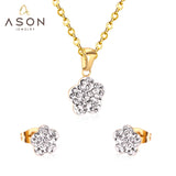 Asonjewelry CZ flor Color dorado boda conjunto de joyería para mujer collar de acero inoxidable 316L colgantes pendientes pequeños 