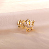 ASON Romantic Leaf Shape Carved Ring With White Flower Gold Color Stainless Steel For Women Jewelry Accessory Daily Wear