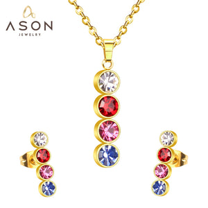 ASON Necklace Sets Colorful Round Cubic Zirconia Pendant Necklace Fashion Stud Earring Fashion Jewelry Women Party Gift