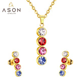 ASON Necklace Sets Colorful Round Cubic Zirconia Pendant Necklace Fashion Stud Earring Fashion Jewelry Women Party Gift