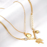 ASON Leaves Ladybug Imitation Pearl Multi-layer Chains Pendant Necklaces Gold Color Stainless Steel for Women Jewelry