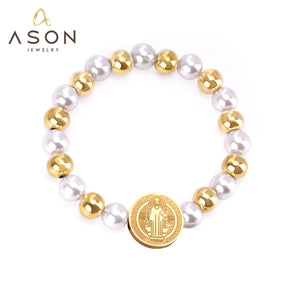 ASON Pulseras boule Bracelets perlés avec Imitation perle couleur or acier inoxydable rond Jesu pendentifs femmes bracelet 