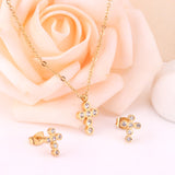 ASON Classical Cross Wedding Zirconia Jewelry Set Pendant Necklace & Drop Stud Earrings Gold 316L Stainless Steel for Women