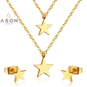 ASON 316L Stainless Steel Star Pendant Gold Color Bridal Wedding Jewelry Set for Women Necklace Pendant Small Stud Earring