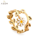 ASON Romantic Leaf Shape Carved Ring With White Flower Gold Color Stainless Steel For Women Jewelry Accessory Daily Wear