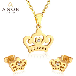 ASON Crown Pendant Necklace Charm Small Piercing Stud Earrings Jewelry Sets Gold Color Stainless Steel For Women