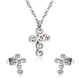 ASON Classical Cross Wedding Zirconia Jewelry Set Pendant Necklace & Drop Stud Earrings Gold 316L Stainless Steel for Women