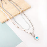 Fashion Shell Evil Eye Pendant Necklace Snake Pearl Double Chain For Women Stainless Steel Turkish Wedding Party Gifts