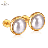 ASON Piercing Earrings Stainless Steel Gold Color Imitation Pearl Screw Stud Earrings Women Size 4mm/6mm/8mm/10mm Jewelry