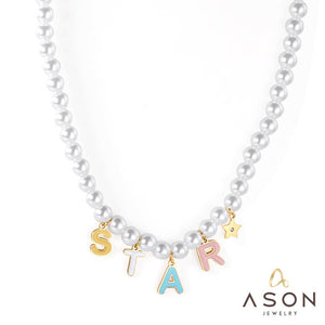 ASON lindo collar de perlas de imitación con cadena colgante de letra STAR DREAM para mujer regalo de fiesta, joyería de acero inoxidable 