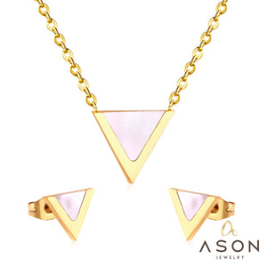 ASON Children Triangle Pendant Necklace Stainless Steel Small Stud Earrings Shell Jewelry Sets Party For Girl Women Fashion