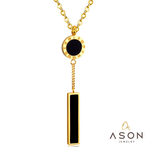 ASON Black Shell Round Pendants with Roman Numberal Stainless Steel Rectangle 45CM+5CM Extender Chain Necklaces Long Gift