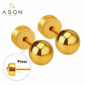 ASON Round Ball Press Piercing Stud Earrings Gold Color Stainless Steel for Women Baby Kids 3mm/4mm/5mm Jewelry Wholesale