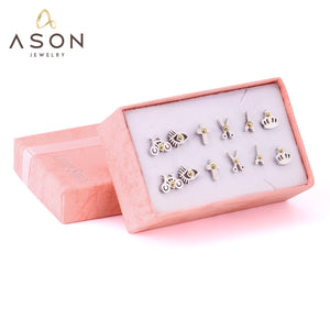 ASON 6pairs/Box Cute Stud Earring Sets Silver Color White Bead Mixed Shape Stainless Steel Piercing Earring Christmas Women