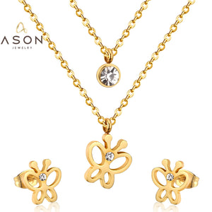 ASON Butterfly Double Set Necklace Pendant Small Stud Earring Wedding Jewelry Set for Women 316L Stainless Steel Sets