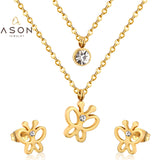 ASON-Conjunto doble de mariposa para mujer, colgante de collar, aretes pequeños, conjunto de joyería para mujer, conjuntos de acero inoxidable 316L