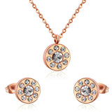 Trendy Round Crystal Pendant Necklace Stainless Steel Necklace Stud Earrings Sets For Ladies Wedding Jewellry Set