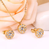 Trendy Round Crystal Pendant Necklace Stainless Steel Necklace Stud Earrings Sets For Ladies Wedding Jewellry Set