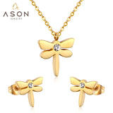 ASON Dragonfly Necklace Earrings Jewelry Set Stainless Steel Gold Color Animal Pendants Necklaces Statement Fashion Jewelry