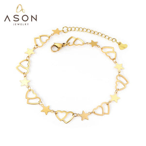 ASON 316L Stainless Steel Heart and Star Charm Anklet Lovely Foot Chain Beach Jewelry for Women with Extender 23+5cm