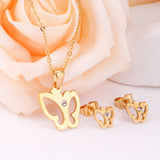 ASON Charm Butterfly Pendant Necklace Piercing Earrings Jewelry Sets for Women Fashion Stainless Steel Gold Color Sweet