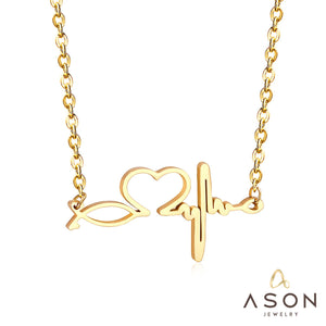 ASON Gold Color Stainless Steel Pendant Necklace for Lover Fashion Love Heartbeat Necklaces Valentine's Day Gift Jewelry