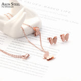 ASON Stylish Frosted Butterfly Pendant Necklace and Stud Earrings Set Stainless Steel Jewelry Set for Women Daily Wear